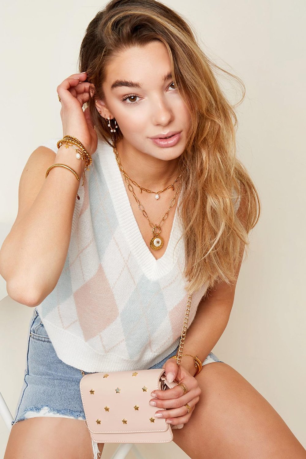 Sac en PU avec clous étoiles et bandoulière chaîne Vert Polyuréthane h5Image3